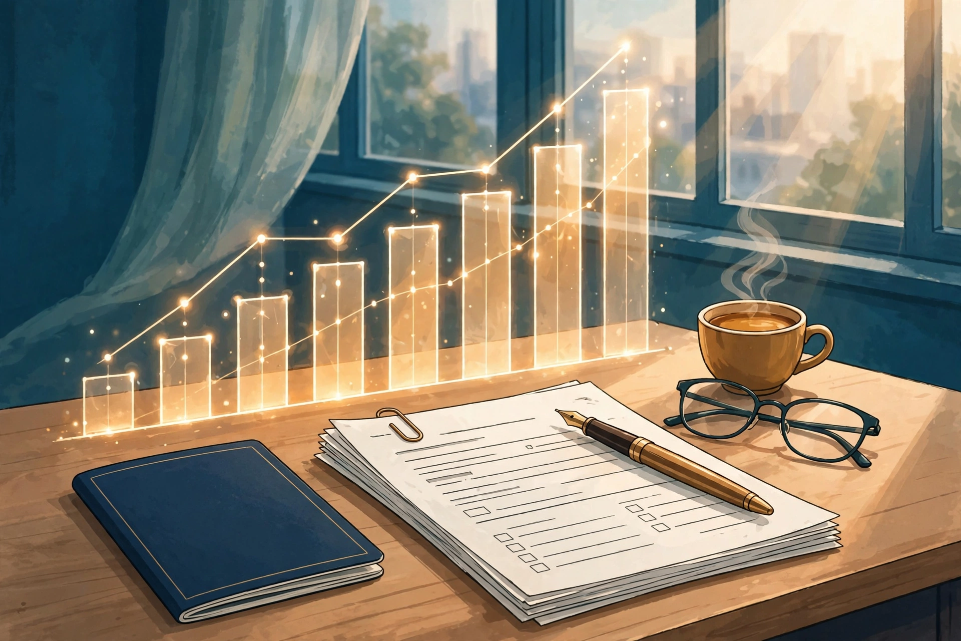 Applicant's desk with documents and a rising bar chart representing an improving Express Entry CRS score