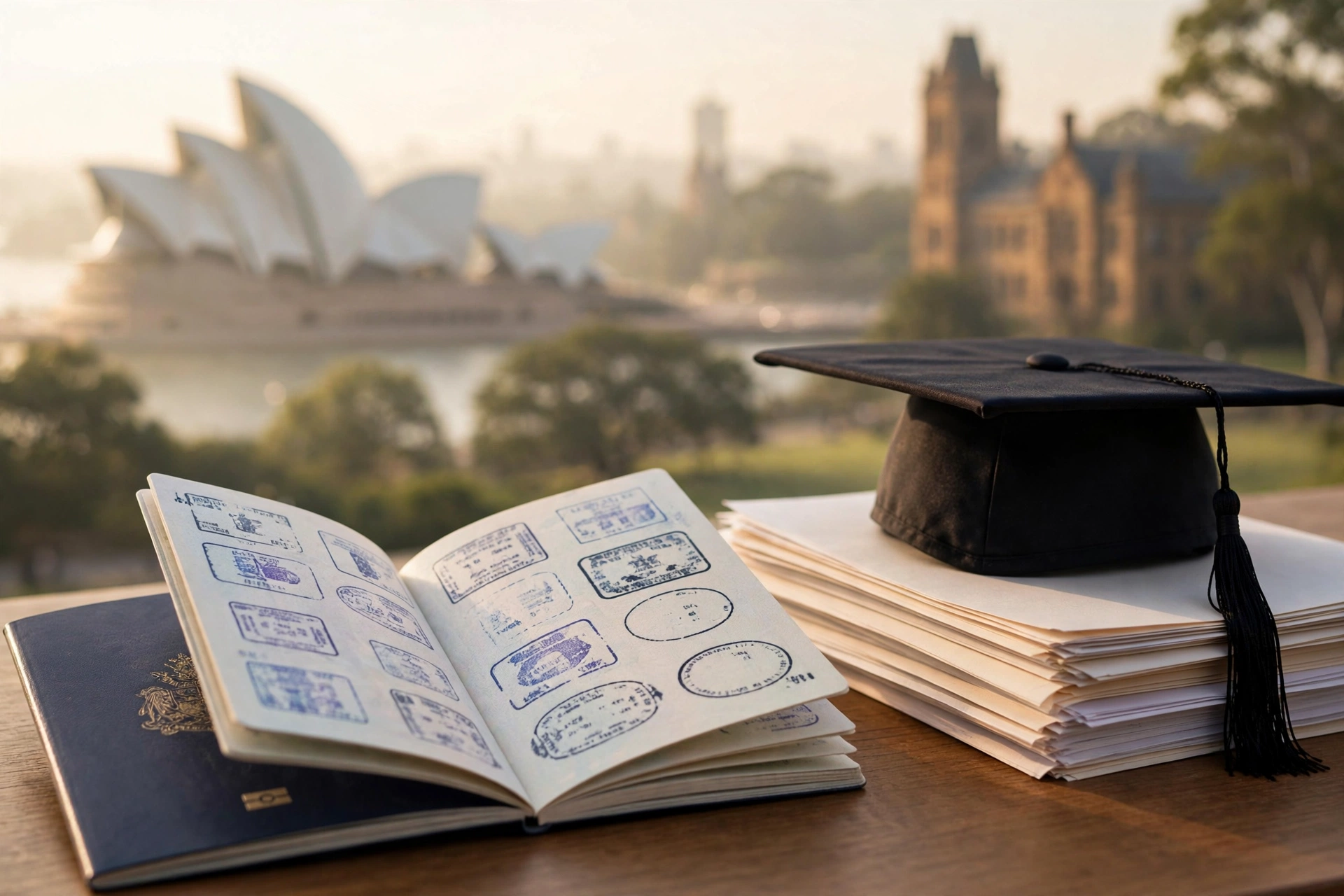 Australia student visa guide: passport, graduation cap and documents with Sydney Opera House in background