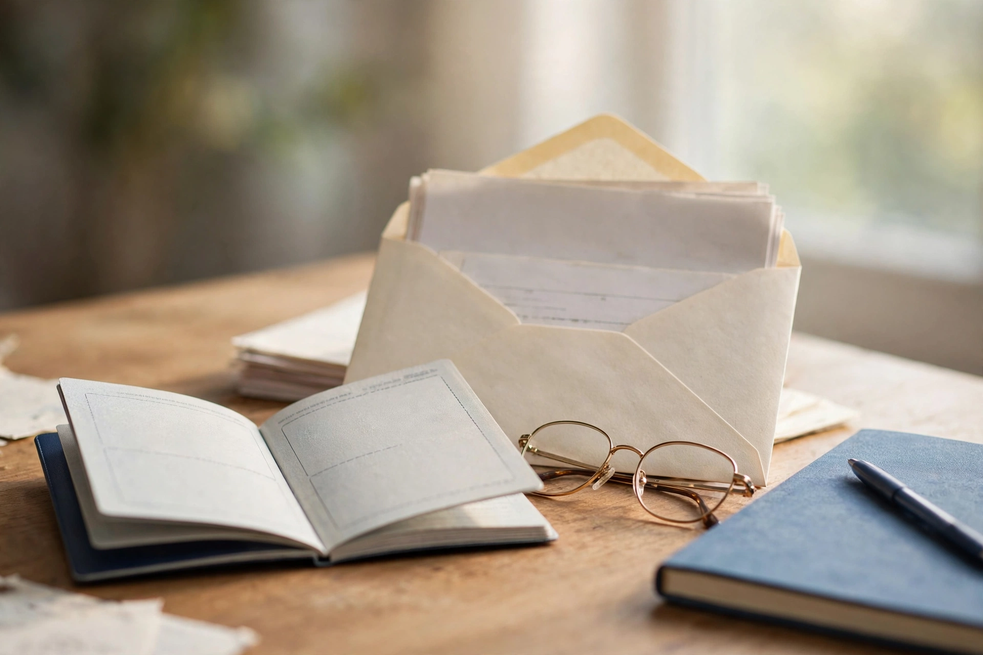 International student desk with passport, university documents and reading glasses