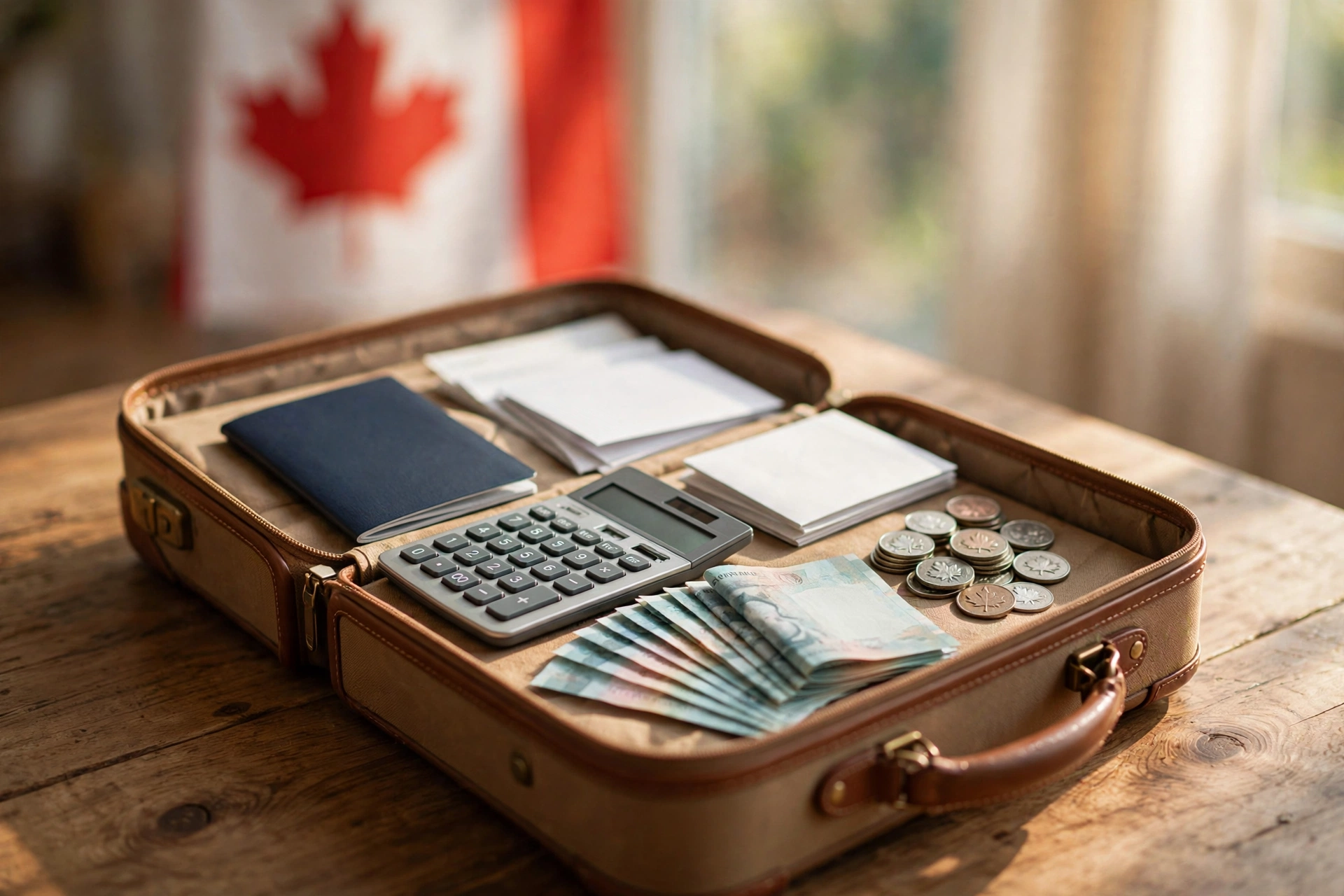 Cost of moving to Canada - suitcase with passport, calculator and Canadian dollars