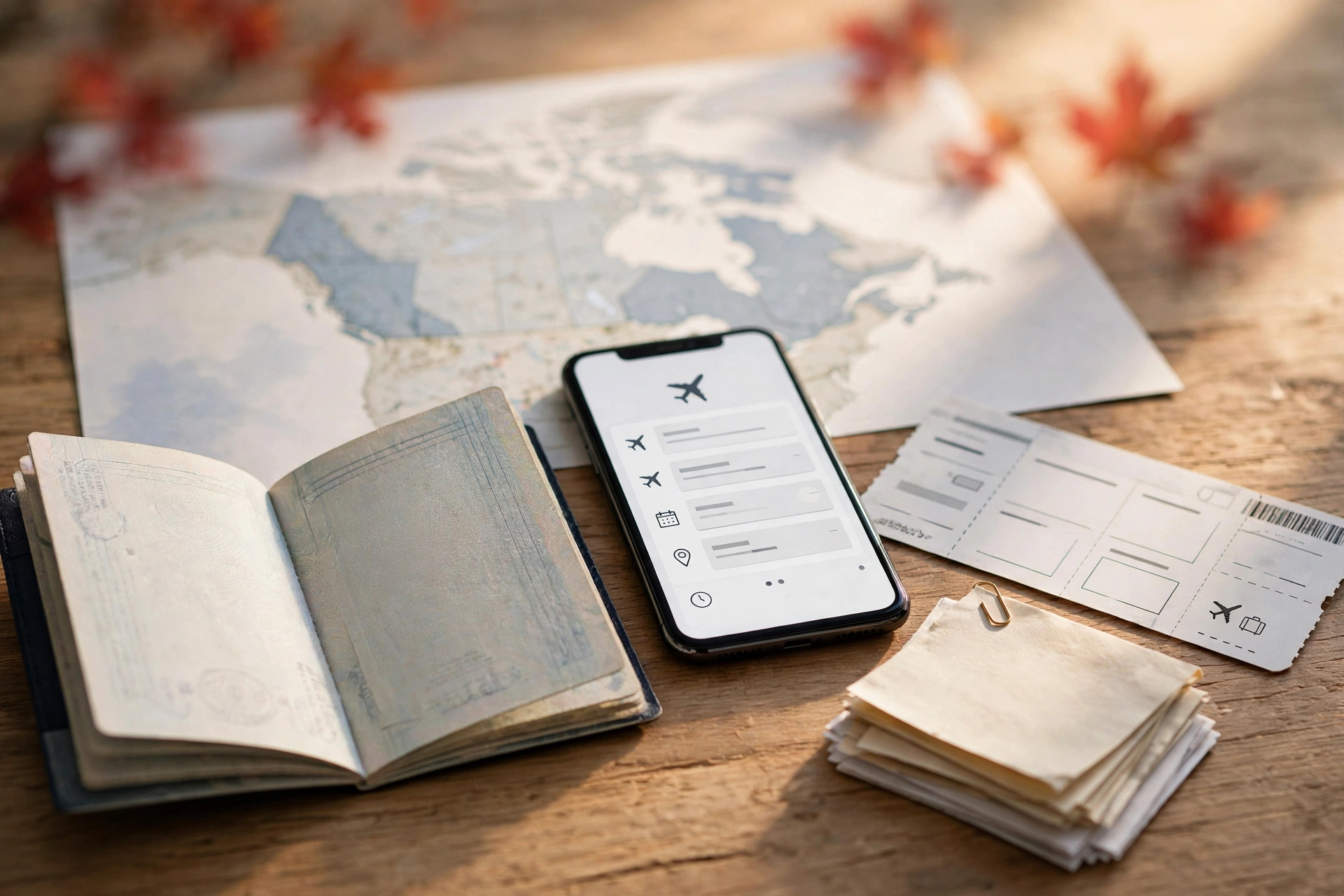 Canada visitor visa application documents — passport, itinerary and travel documents