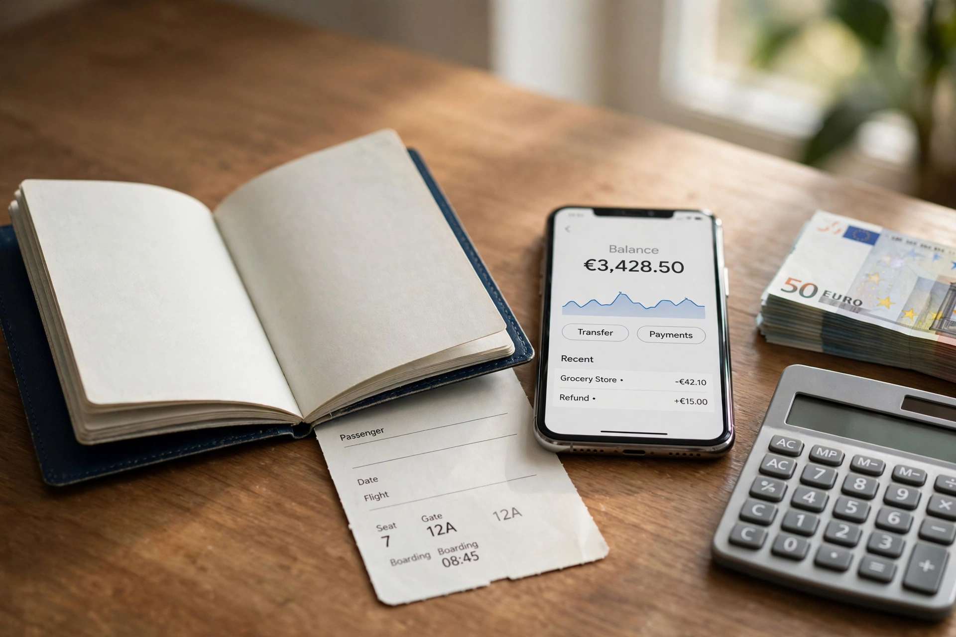 Passport, boarding pass, euro banknotes and banking app showing account balance for Schengen visa financial proof