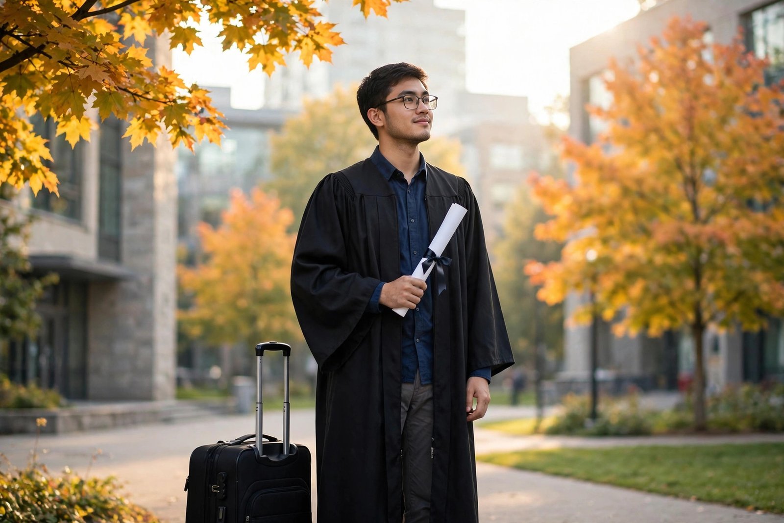 International graduate in Canada holding diploma with suitcase on university campus