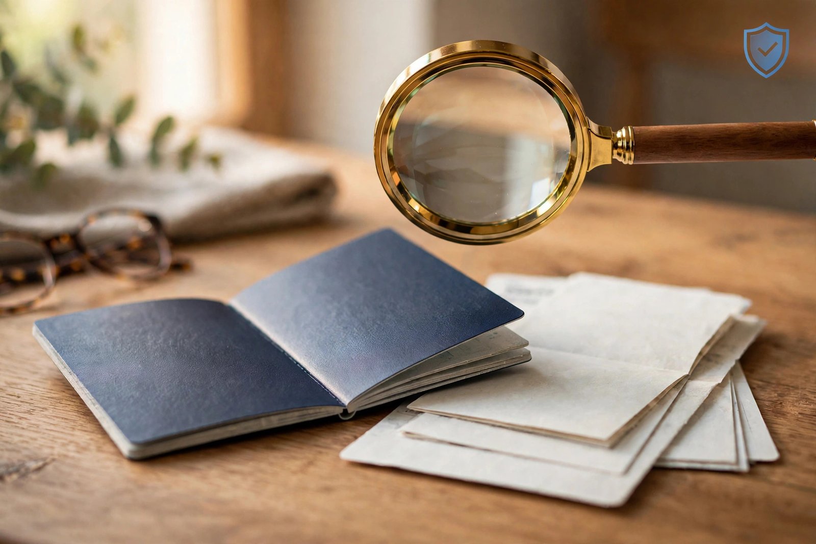 Passport and travel documents under a magnifying glass with a protection shield