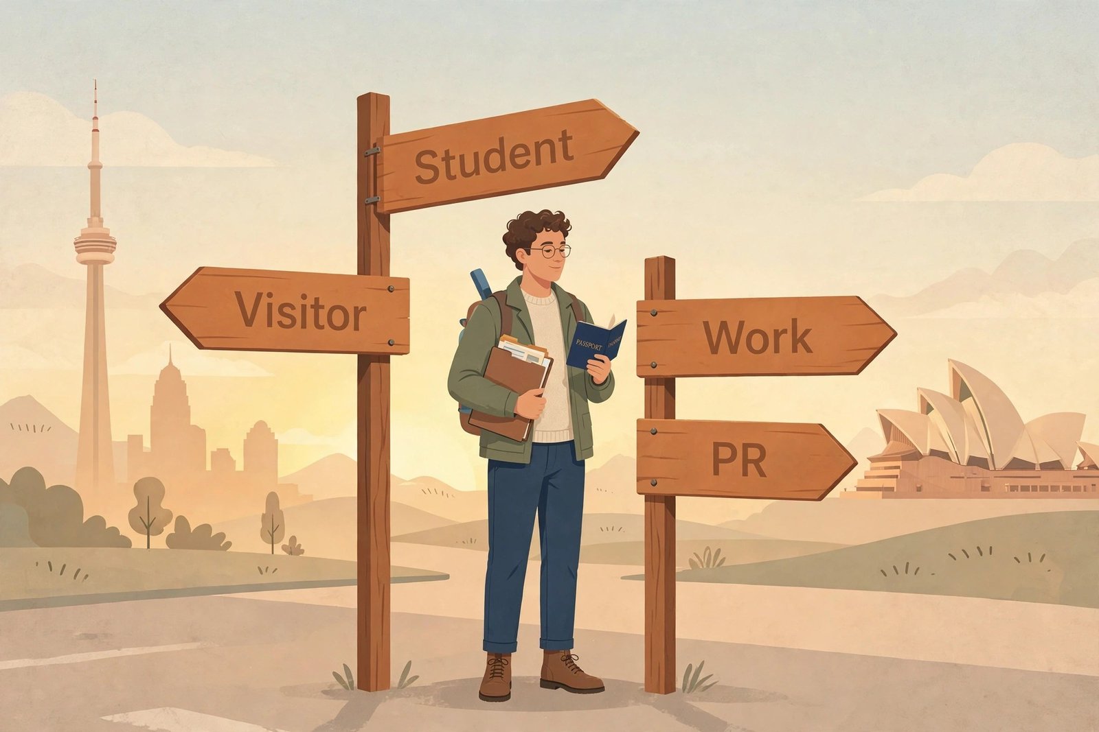 Traveler at a crossroads with signposts for Visitor, Student, Work and PR visa paths