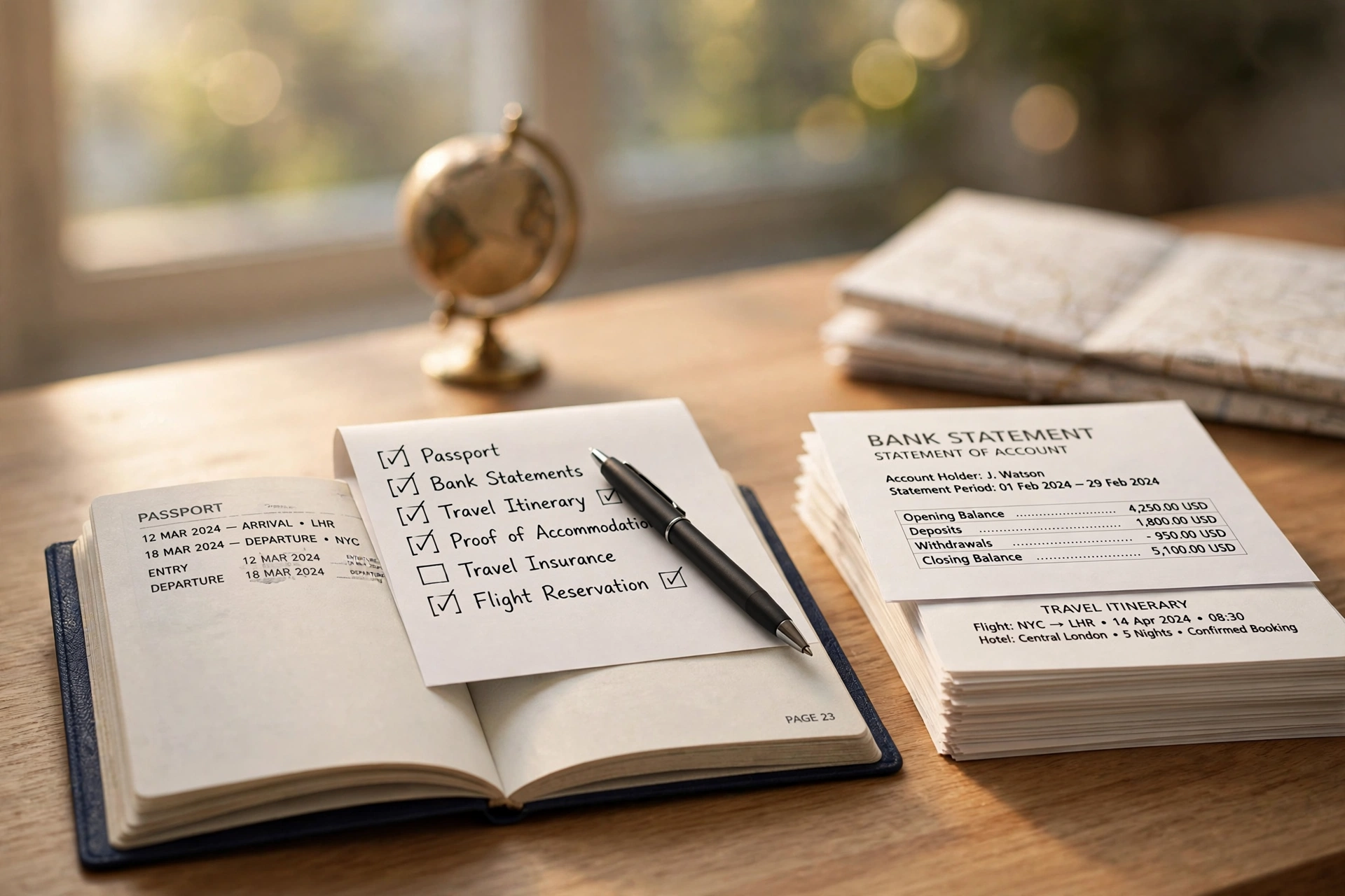 Passport, checklist, bank statements and travel itinerary prepared for a visa application