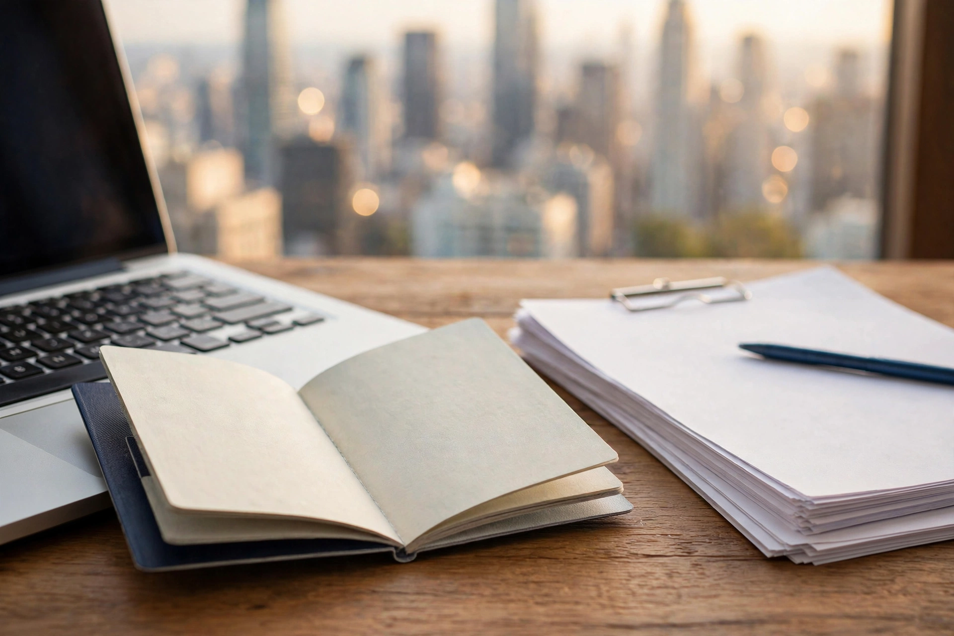 US H-1B work visa application documents on a desk with laptop and city skyline