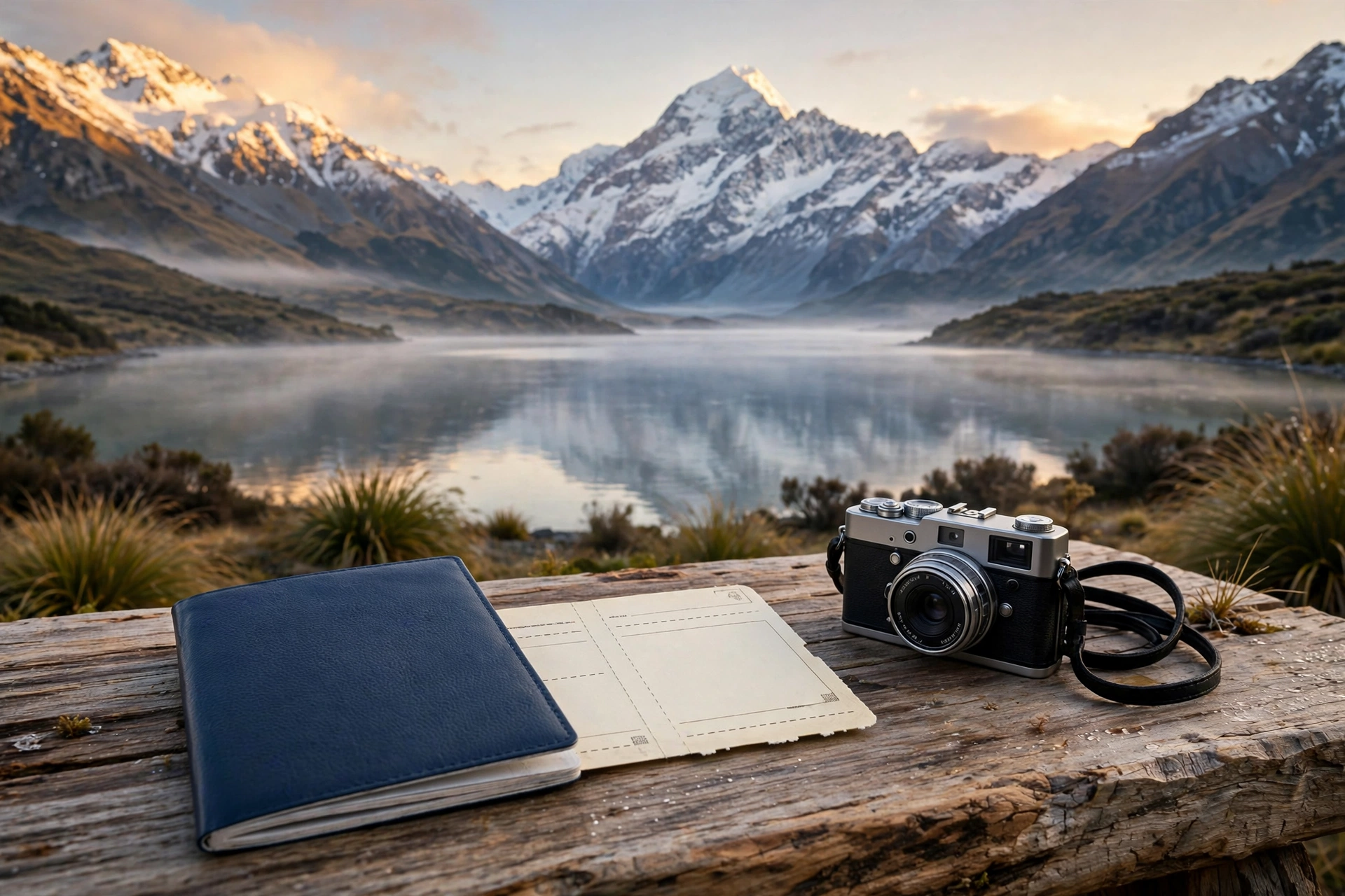 New Zealand mountain lake with passport and travel documents